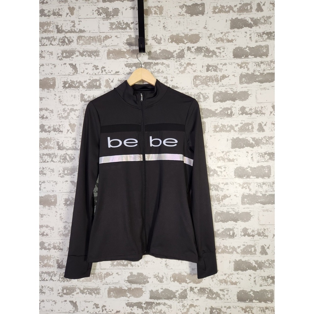 Bebe Sport Zip-Up Top Size Medium Black White Logo Reflective Stripe Y2K
